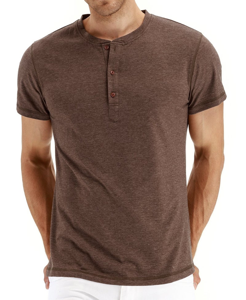 PEGENO Men's Fashion Casual Front Placket Short/Long Sleeve Henley T-Shirts Cotton Shirts (US Large, A9 VG-Brown) - Image 1